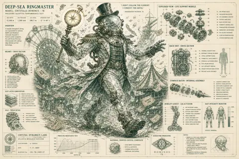 Full-body blueprint schematic of a deep-sea diver ringmaster in a frosted crysta - AI生成图片 2