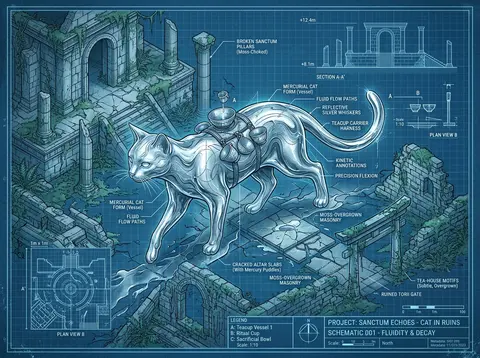 Ultra-detailed blueprint schematic of a solitary tea-house cat wandering through - AI生成图片 2