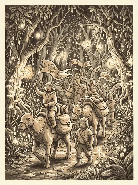 Joyful desert caravan gliding through a bioluminescent night forest, clay-rimmed - AI生成图片 2