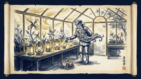 A whimsical lighthouse keeper in polished chrome tending a lantern bench inside - AI生成图片 1