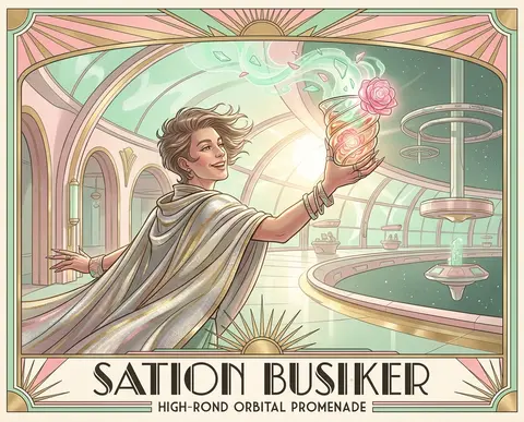 A jubilant wandering station busker in a sweeping metallic cape drifts along a s - AI生成图片 4