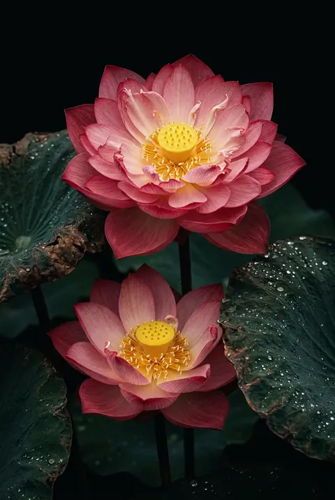 Vertical macro flower photography, two double-pink lotus flowers, rose-red petal - AI生成图片 1
