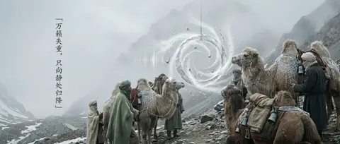 一支沙漠游牧商队在雾霭弥漫的高山隘口缓缓停驻，数匹修长驼兽披挂半透明霜晶鞍具与雕花晶链，围拢着画面中央一枚悬浮的神秘霜晶圣环，仿佛静默吸引万物的核心；乳白山雾、 - AI生成图片 1