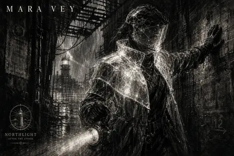 Vertical charcoal-sketch poster featuring Mara Vey, a fictional lighthouse keepe - AI生成图片 2
