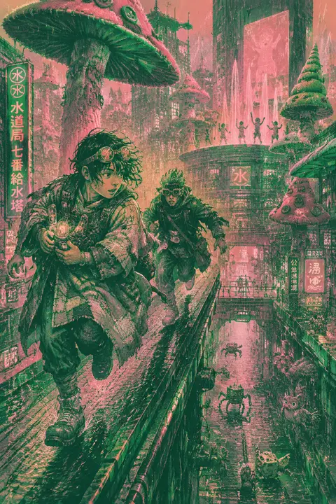 A young tinkering inventor in a soaked patchwork rain smock sprints along an ele - AI生成图片 1