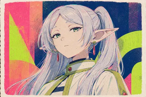 9:16 竖构图，Risograph 孔版印刷海报风，明确是印刷插画而非照片、非刺绣、非工笔；主题聚焦《葬送的芙莉莲》中的成年女性角色芙莉莲单人半身像，角色形象 - AI生成图片 1