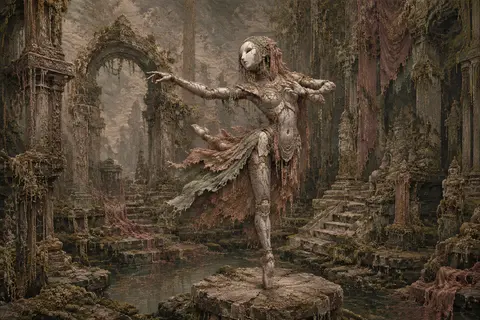 A lone robotic ballet dancer poised within ancient temple ruins swallowed by mos - AI生成图片 1
