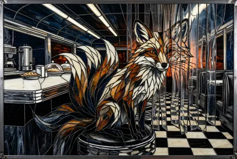 A tense cinematic portrait of a mythical nine-tailed fox spirit seated alone in - AI生成图片 2