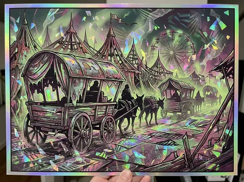 A desert nomad caravan drifting through a midnight carnival of rusted tent spire - AI生成图片 1