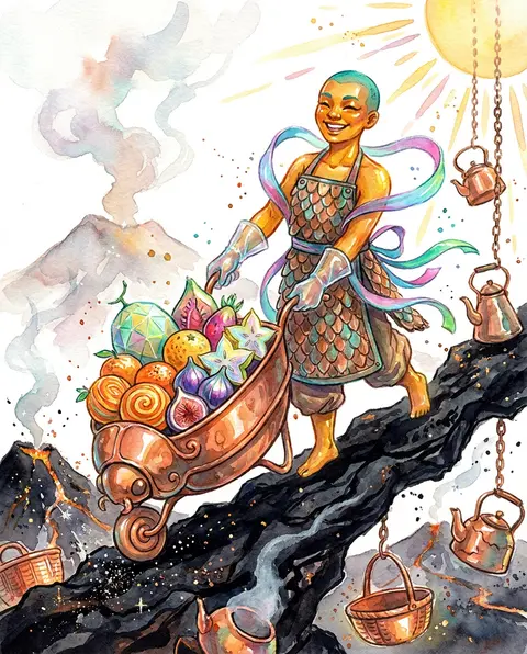 A jubilant watercolor storybook scene of a fruit vendor with a shaved teal scalp - AI生成图片 1
