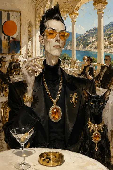 一幅带有强烈讽刺意味与时尚杂志气质的复古油画肖像：画面中央是虚构名流“阿德里安·维尔蒙特”——一位极其瘦长、神情冷峻的上流社会男性，脸部比例被夸张拉长，高耸如刺 - AI生成图片 1
