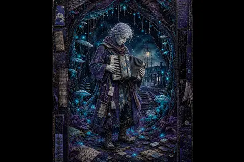 竖版 9:16 奇幻叙事插画：一位名为“雾弦”的独行街头音乐家，年迈的银发旅人，穿着缝补过的靛紫长外套与褪色围巾，背着由裂纹瓷片拼成的手风琴，站在会发光的夜林深 - AI生成图片 1
