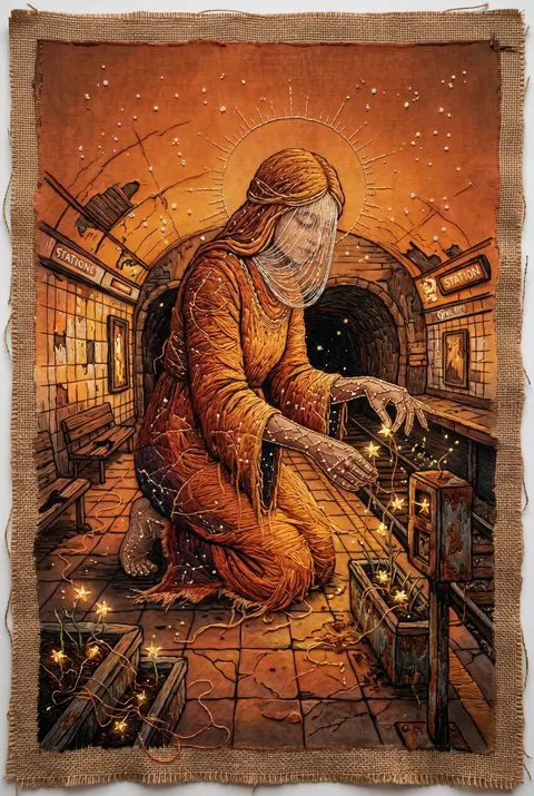 A towering celestial gardener with a veil of comet-thread and hands stitched fro - AI生成图片 2
