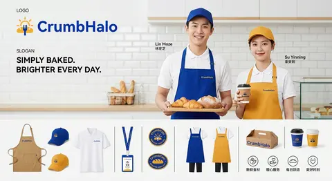 品牌 VI 工装版式展板，烘焙店 `CrumbHalo` 全套视觉物料展示，明亮克莱因蓝与暖蜂蜜黄高对比主色调，干净 ins 风商业品牌设计主视觉；画面中心是一 - AI生成图片 4