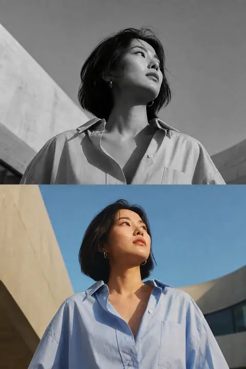 Low-angle fashion editorial shot of an East Asian woman with a short black bob h - AI生成图片 1