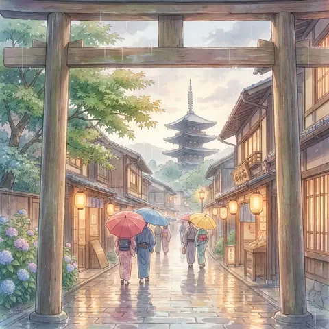 A serene rainy day in a traditional Japanese town, with a temple street leading - AI生成图片 4