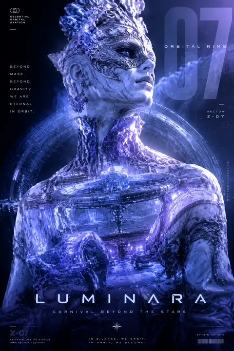 一张震撼感十足的纵向未来主义艺术海报：中央主体是一位佩戴华丽面具的狂欢节杂技演员，上半身从画面中部拔地而起，身姿挺拔如纪念碑，头部微扬，凝视遥远舷窗之外；面具轮 - AI生成图片 1