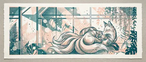A mythical nine-tailed fox spirit in a sunlit greenhouse, draped in woven silk r - AI生成图片 2