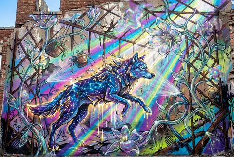 Ultra-detailed graffiti street mural of a wolf made of constellations, leaping t - AI生成图片 2