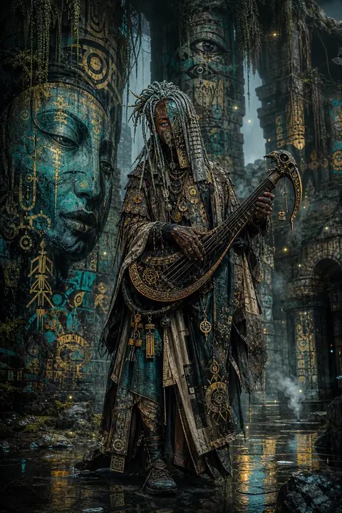 A lone wandering street musician with an androgynous silhouette, weathered coppe - AI生成图片 1