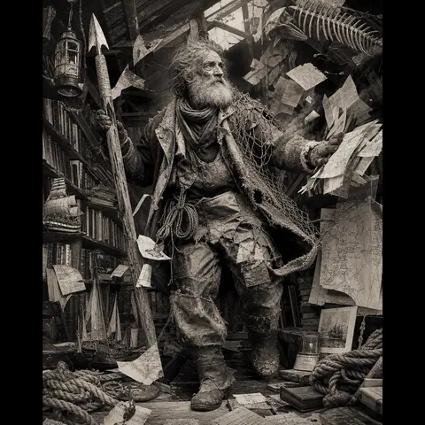 vertical full-body portrait of an elderly fisherman in a cozy cluttered attic li - AI生成图片 2