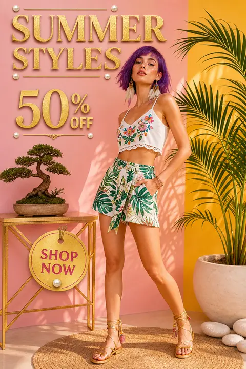 A vibrant summer fashion editorial portrait featuring a young woman with a purpl - AI生成图片 1