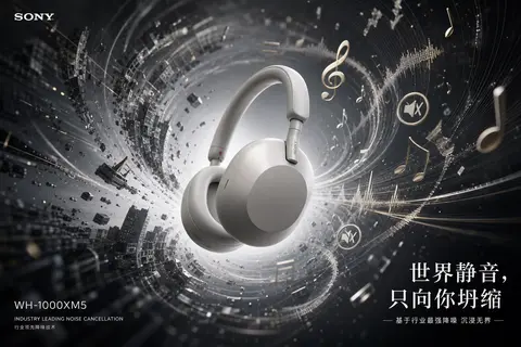 为Sony WH-1000XM5降噪耳机制作「万有引力」产品广告海报。主体：Sony WH-1000XM5降噪耳机悬浮于视觉中心，作为强大引力源，将可视化声波波 - AI生成图片 1