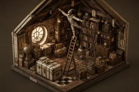 A masked carnival acrobat balanced on a ladder in a cozy cluttered attic library - AI生成图片 2