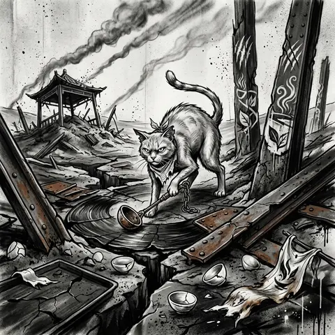 一片被熔流啃噬过的黑色荒原上，龟裂地表像烧焦的唱片层层翻卷，锈蚀铁板、断裂铆钉梁与倾覆的茶亭骨架半埋在火山灰中；中央是一只经营荒野茶肆的老猫，耳尖有缺口，脊背拱 - AI生成图片 3