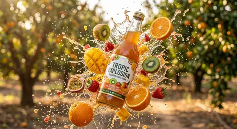 Ultra-realistic product ad of a premium fruit drink bottle, dynamic liquid splas - AI生成图片 1