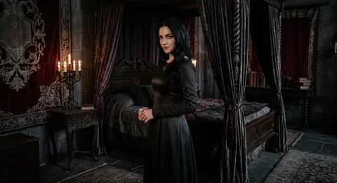 A seductive infernal enchantress named Seraphine Vale stands in a dimly lit goth - AI生成图片 3