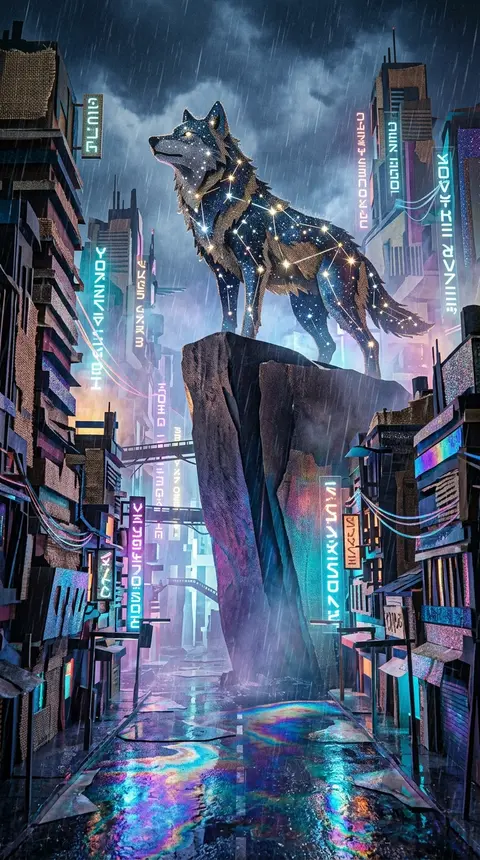 A monumental cosmic wolf formed from glittering constellations, perched with sov - AI生成图片 4