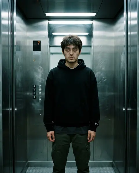 一位名叫陆沉川的年轻男子站在狭窄的不锈钢电梯正中央，正面直视镜头，采用低机位的中景至半身偏全身构图，人物居中且近乎完美对称，画面带着轻微压迫感与强烈孤独气息。陆 - AI生成图片 2