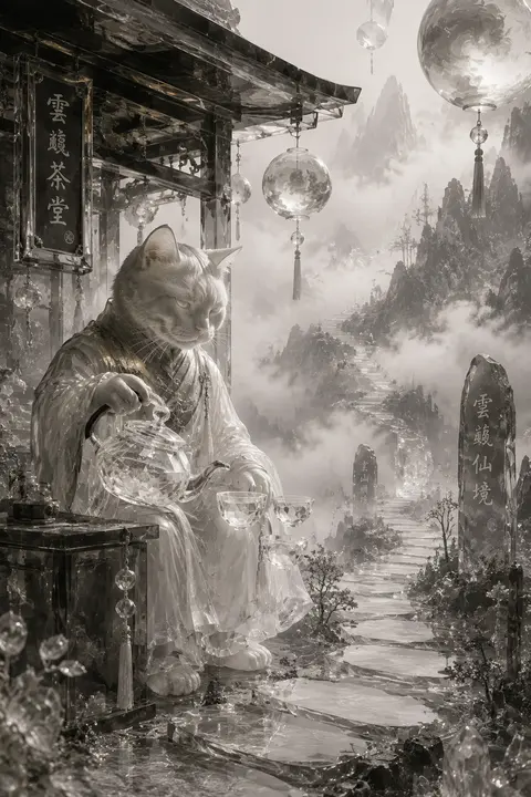 A dreamlike vaporwave tableau of a tea-house cat perched beside a winding high-a - AI生成图片 1