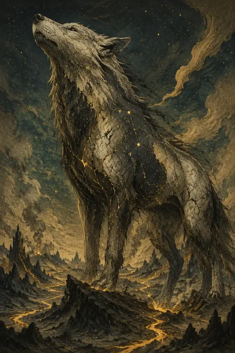 a colossal celestial wolf forged from fractured porcelain, its body mapped by gl - AI生成图片 1