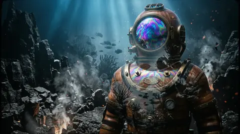 A full-body deep-sea diver in a lacquered-wood pressure suit, submerged within a - AI生成图片 2