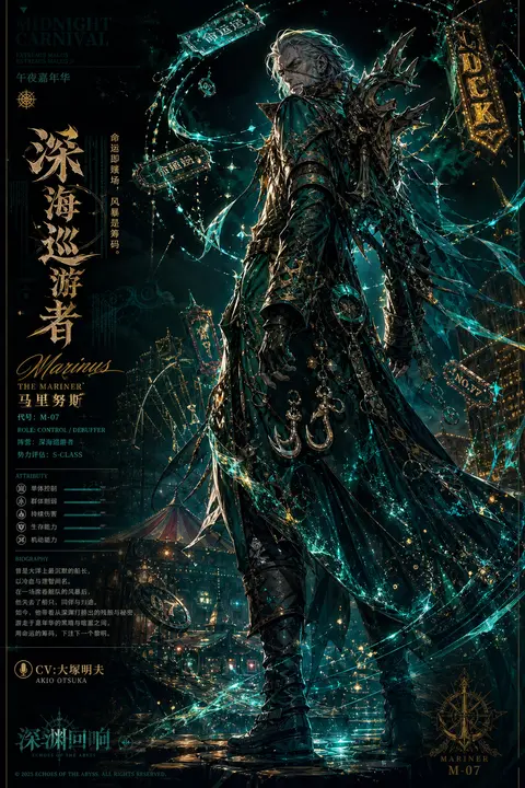 二次元游戏角色宣传海报，竖版超长构图，午夜嘉年华中央主视觉是一位冷峻而老练的年迈渔夫，满脸风霜纹理，银白胡茬，深陷眼窝映出克制锋利的目光；他微微侧身回首，神情沉 - AI生成图片 2