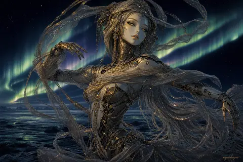 a robotic ballet dancer poised alone on a wind-scoured tundra beneath rippling a - AI生成图片 2