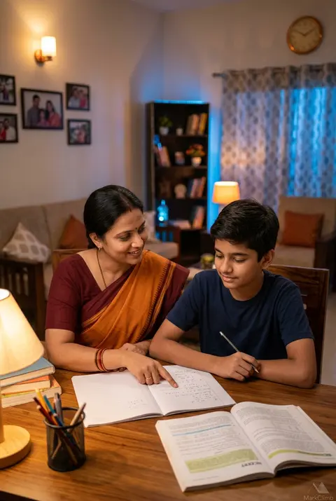A warm, well-lit Indian living room. A mother sitting beside her child (Class 8- - AI生成图片 2