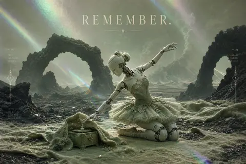 A solitary robotic ballet dancer pauses in a vast volcanic wasteland, surrounded - AI生成图片 1