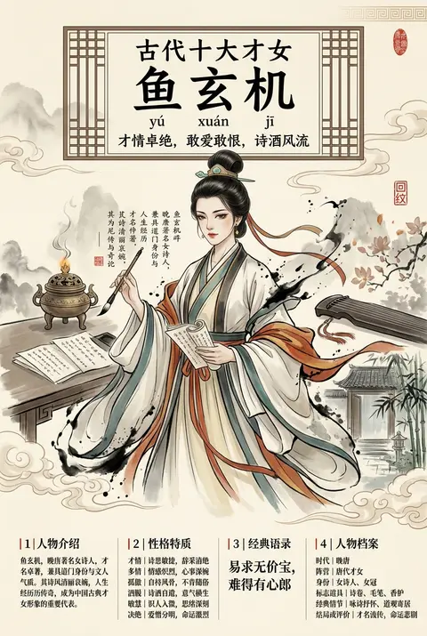 一张竖版 3:4、4K 超清的高端国风信息海报，主题人物为【鱼玄机】，整体为收藏级中国古典人物设定海报。画面采用中国水墨、淡彩工笔、宣纸肌理、传统中式纹样与现代 - AI生成图片 3