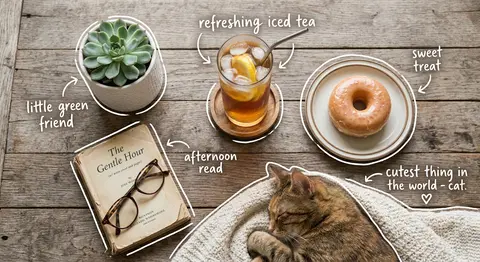 Top-down flat lay on a rustic wooden table, cozy aesthetic, soft natural light. - AI生成图片 1
