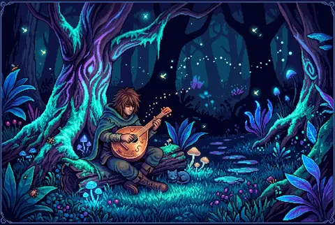 A dreamy 16-bit pixel art scene of a wandering street musician in a bioluminesce - AI生成图片 2