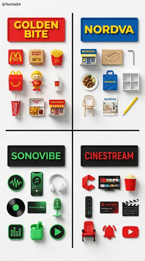 一张极简主义、高质感的品牌主题平铺摄影海报，俯视角 flat lay，纯白背景，被粗黑色十字分割线平均切成四个象限，整体构图对称、整洁、留白充足，工作室柔光照明 - AI生成图片 2