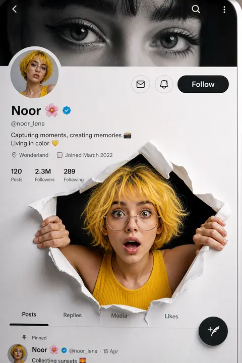 A creative 3D photo manipulation of a social media profile interface, featuring - AI生成图片 1