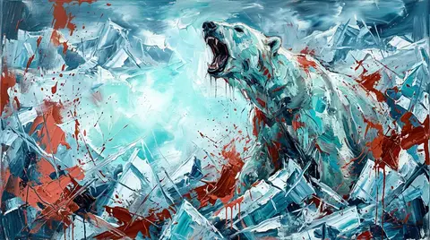 一幅现代抽象表现主义油画风格的北极熊肖像，主体位于画面右侧，一只蓝绿色调的北极熊从破碎冰层中探出上半身，头部上扬，张口咆哮，嘴部内部近黑色，神态充满野性与力量； - AI生成图片 2