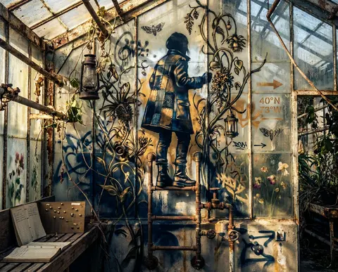 A graffiti street mural inside a sun-drenched greenhouse, centered on a lighthou - AI生成图片 2