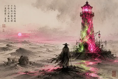 A solitary lighthouse keeper in a windswept desert at dawn, tending a towering b - AI生成图片 3
