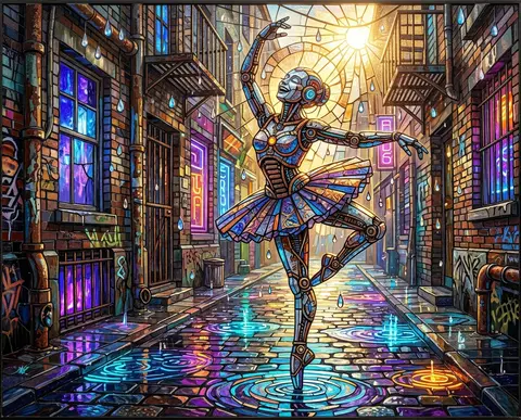 Stained-glass mosaic of a robotic ballet dancer twirling in a rain-soaked back a - AI生成图片 1