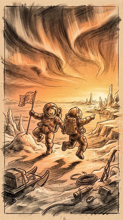 Two jubilant twin astronaut explorers in bulbous vintage pressure suits, skippin - AI生成图片 2